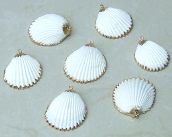 Natural Sea Shell Pendant, Seashell Bead, Shell Pendant, Charm, Clam Shell, Shell Jewelry, Beach Jewelry, White and Gold - 35-40mm - 61-05