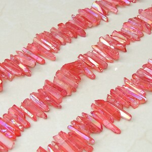 Bright Red Titanium AB Quartz Points, Titanium Quartz Points Strand, Raw Quartz Points Drilled, Quartz Crystals Points Strand Beads, 20-30mm