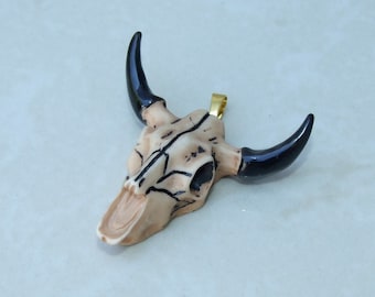 Pendentif tête de mort de bétail à longues cornes, breloque en corne, bijoux du sud-ouest des États-Unis (45 mm)