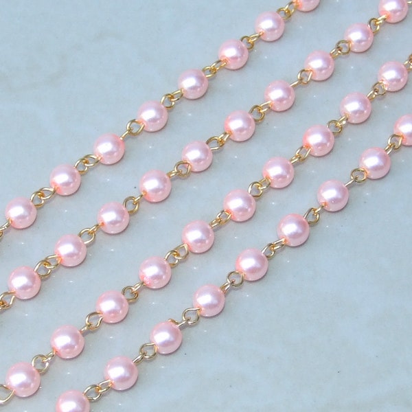 Pink Pearl Rosary Chain, 1 Meter, Bulk Chain, Round Glass Beads, Beaded Chain, Body Chain, Gold Chain, Necklace Chain, Belly Chain, 6mm, 604