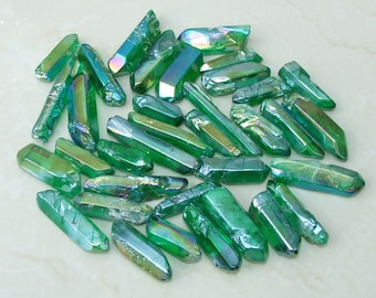 7 Green Angel Aura Quartz Crystal Points, Emerald AB Titanium Quartz, Lightly Polished Undrilled Crystals, Meditation Stones, 30-40mm