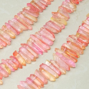 Pink & Yellow Titanium Quartz Point, Quartz Points Strand, Raw Quartz Points Drilled, Crystals Points, Gemstone Beads, 20-40mm