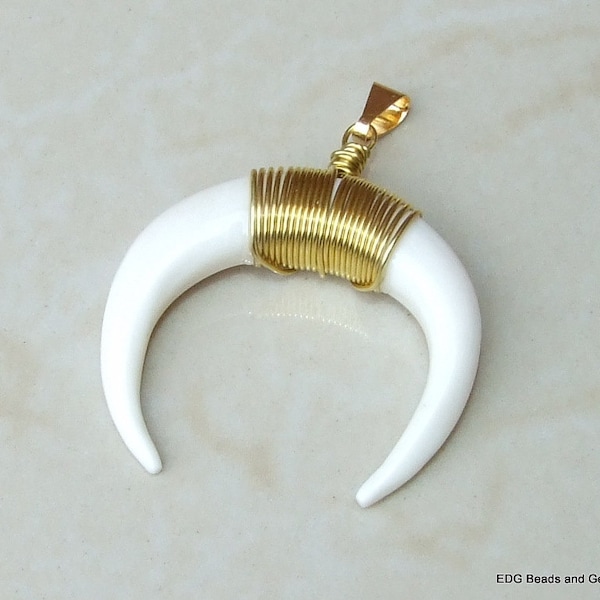 Natural Ox Bone Horn Pendant. Wire Wrapped White Bone Horn Pendant - White Ox Bone - Double Horn - Gold Plated - 25mm x 30mm