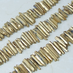 Thin Gold Titanium Quartz Cluster Point, Quartz Points Strand, Raw Quartz Points Drilled, Quartz Crystal Points Strand of Beads, 20-36mm