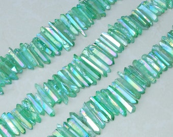 Green Titanium Quartz Cluster Point, Titanium Quartz Points Strand, Raw Quartz Points Drilled, Quartz Crystals Points Strand Beads, 20-40mm