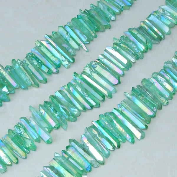 Green Titanium Quartz Cluster Point, Titanium Quartz Points Strand, Raw Quartz Points Drilled, Quartz Crystals Points Strand Beads, 20-40mm