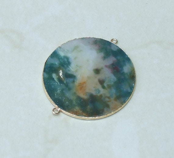 Moss Agate Connector, Gemstone Pendant, Moss Agate Slice, Thin Polished Agate, Round, Gemstone Beads, Gold Plated Bezel - 41mm - 8544