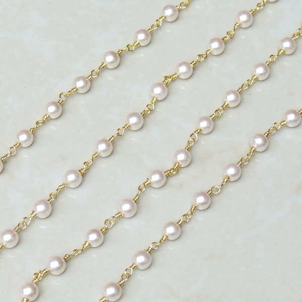 White Glass Pearl Rosary Chain, Bulk Chain, Rondelle Glass Beads, Beaded Chain, Body Chain Jewelry, Gold Chain, Necklace Chain, Belly Chain