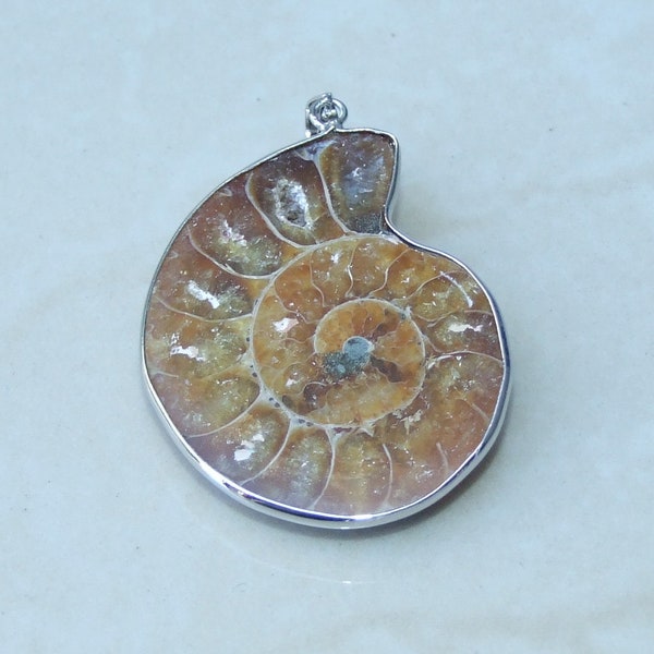 Ammonite Pendant, Fossil Pendant, Shell Pendant, Gemstone Pendant, Ammonite Slice, Nautilus Fossil, Silver Bezel & Bail, 33mm x 40mm, 9405