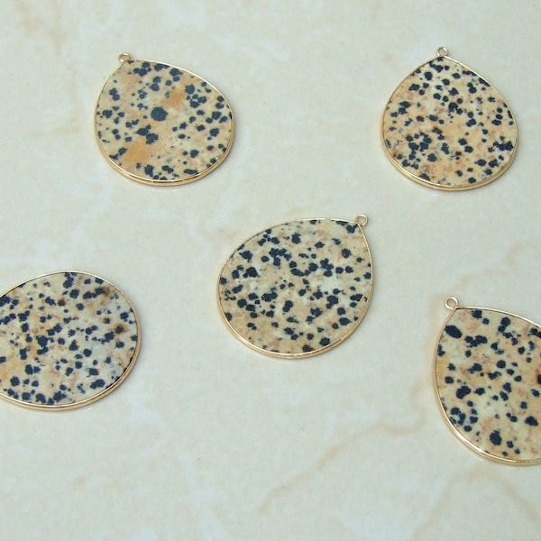 Dalmatian Jasper Pendant, Gemstone Pendant, Slice Pendant, Gold Plated Bezel and Bail, Teardrop Pendant, Thin and Polished - 32mm x 38mm