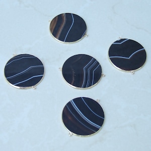 Jet Black Striped Agate Connector, Gemstone Pendant, Thin Slice Pendant, Polished, Round, Gold Bezel, Jewelry Stones, Necklace Pendant, 40mm