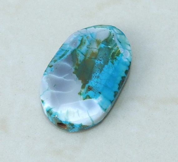Green Blue Fire Agate - Natural Faceted Stones - Gemstone Beads - Pendant - Emerald Cut - Center Drilled - Druzy - 22mm x 34mm - 9108
