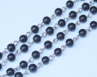 8mm Black Polished Pearl Rosary Chain, 1 Meter, Glass Beads, Beaded Chain, Body Chain Jewelry, Silver Chain, Necklace Chain, Belly Chain