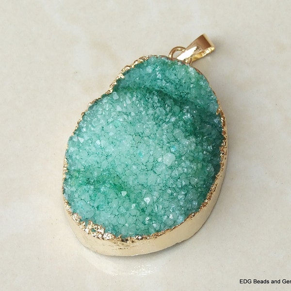 Green Druzy Quartz Pendant - Quartz Druzy Agate Druzy Connector- Large Druzy Pendant -  Gold Plated Edge and bail - 33mm x 43mm