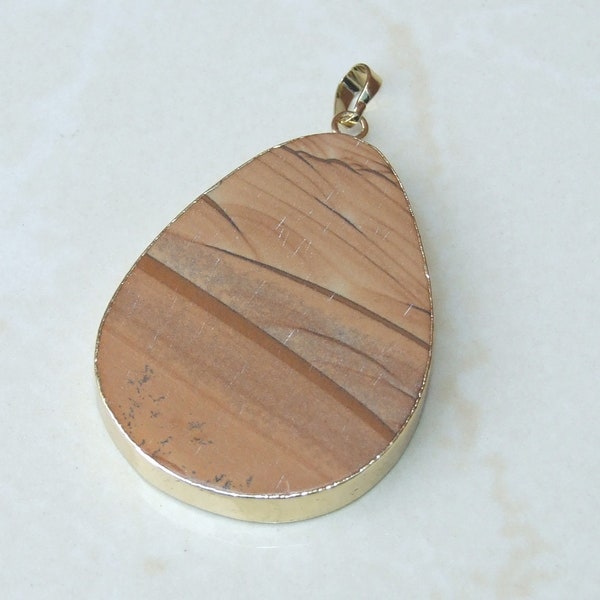 Picture Jasper Pendant - Gemstone Pendant - Natural Stone - Matte Finish - Stone - Slab - Gold Plated Edge and Bail -  40mm x 52mm - 6376