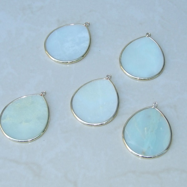 Amazonite Pendant, Gemstone Pendant, Slice Pendant, Gold Plated Bezel and Bail, Teardrop Pendant, Thin and Polished - 32mm x 38mm