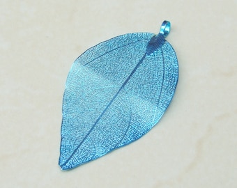 Liquid Metal Leaf Pendant - Large Leaf Pendant - Autumn Leaf - Blue - BOHO - Tribal - 35mm x 64mm - 2260