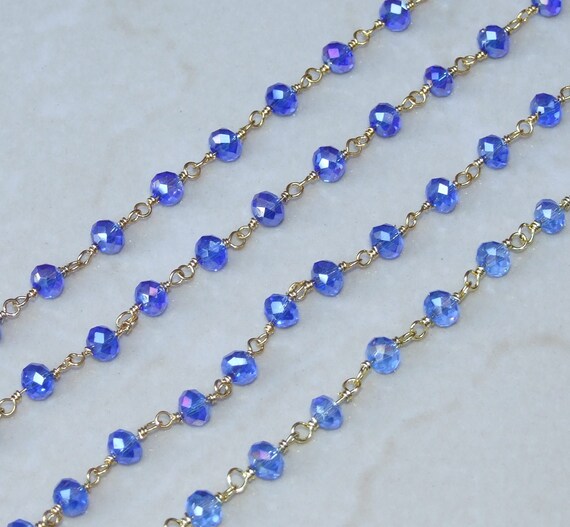 Sapphire Blue Glass Rosary Chain, Bulk Chain, Rondelle Glass Beads, Beaded Chain, Body Chain, Gold Chain, Necklace Chain, Belly Chain