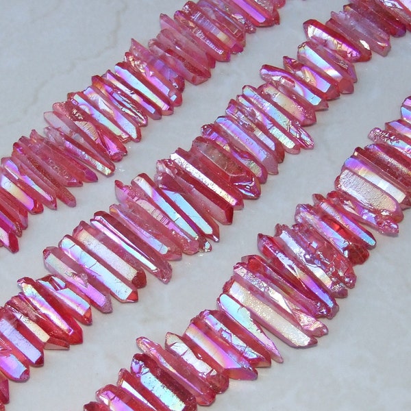 Bright Red Titanium AB Quartz Points, Titanium Quartz Points Strand, Raw Quartz Points Drilled, Quartz Crystals Points Strand Beads, 20-38mm