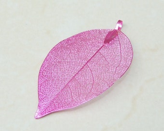 Liquid Metal Leaf Pendant - Large Leaf Pendant - Autumn Leaf - Pink - BOHO - Tribal - 34mm x 64mm - 2255