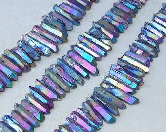 Rainbow Titanium Quartz Cluster Point, Titanium Quartz Points Strand, Raw Quartz Points Drilled, Quartz Crystals Points, Strand of Bead