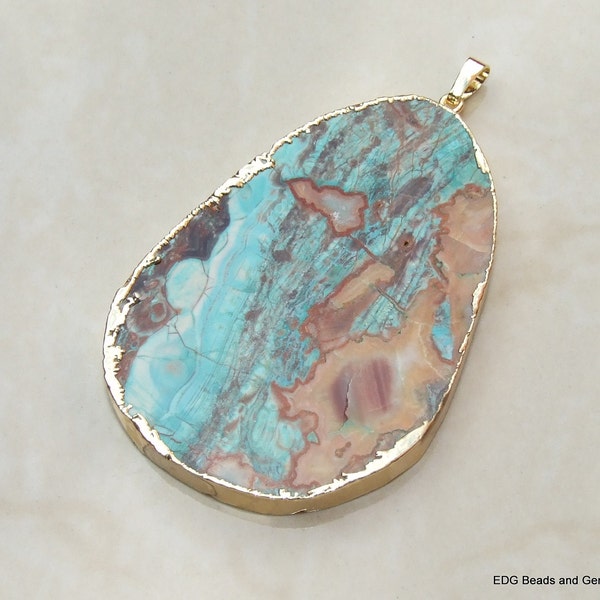 Large Agate Quartz Druzy Faceted Bead Stone Pendant - Druzy Agate. Blue Green Mint  - Gold Plated Edge and Bail - 47mm x 65mm