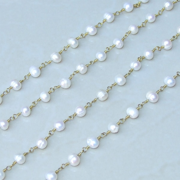 White Freshwater Pearl Rosary Chain, 18K, Wire Wrapped Chain, Natural Freshwater Pearls - Potato Shaped Pearls - 6-7mm - Sold by the Foot
