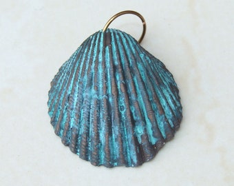 Hand Patina Natural Sea Shell Pendant - Seashell Bead - Pendant - Charm - Clam Shell - Shell Jewelry - Green and Bronze - 37mm x 41mm - 6361
