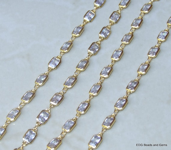 CZ Crystal Rosary Chain, Bulk Chain, Rectangle Glass Beads, Beaded Chain, Body Chain Jewelry, Gold Chain, Necklace Chain, Belly Chain
