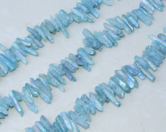 Light Aqua Blue Angel Aura Titanium Quartz Point, Quartz Points Strand, Raw Quartz Points, Quartz Crystals Points Strand of Beads, 20-30mm