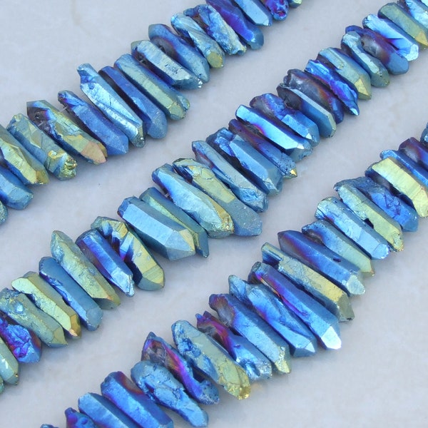 Blue Green TITANIUM Raw Quartz CRYSTAL Gemstone PENDANT Beads Point  For Positive Energy Gifts, Iridescent Rainbow Color Crystal Collection