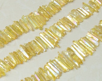 Yellow Titanium Quartz Cluster Point, Titanium Quartz Points Strand, Raw Quartz Points Drilled, Quartz Crystals Points Strand Beads, 15-38mm