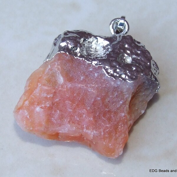 Large Carnelian Nugget Pendant - Crystal Quartz - Natural - Raw - Orange - Silver Plated Bail - 30mm x 35mm