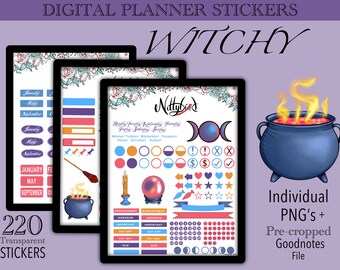 WITCHY sticker set for digital planners, Pre-cropped for Goodnotes, individual PNGs, Crystal ball, cauldron