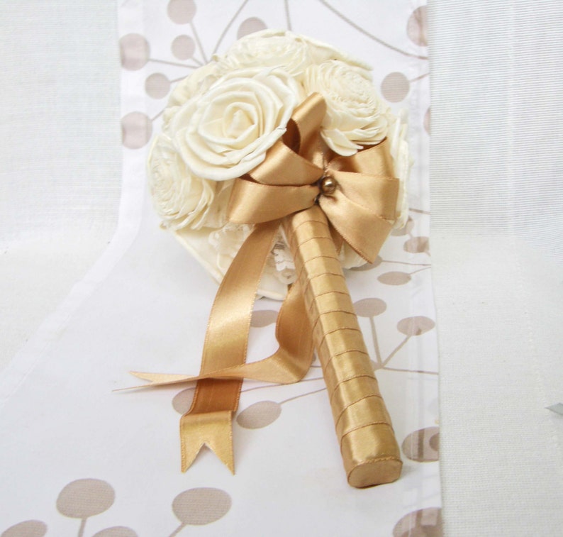 Wedding Bouquet, Sola flowers, Bridal Bouquet, Bridesmaid bouquet, Sola Flowers Ivory colors, gold ribbon, Handmade Natural Wedding Bouquet image 1