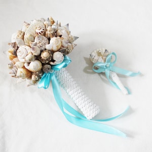 Shell Bouquet + Boutonniere , Bridal Bouquet Sea, Bridesmaid Bouquet, Beach Wedding, Clamshells Bouquet, Starfish