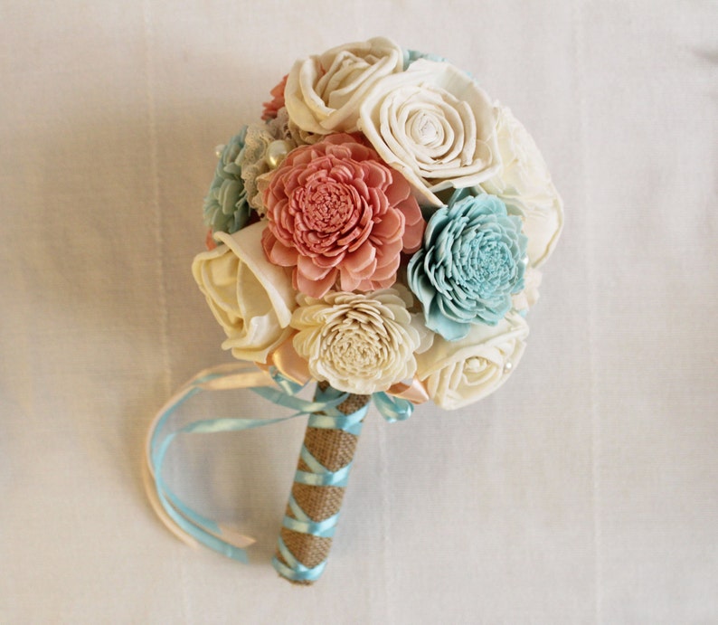 Bridal Bouquet Sola Flowers Ivory coral green colors Wedding Bouquet Bridesmaid bouquet Sola flowers Handmade Natural Wedding Bouquet