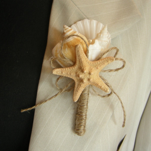 Shell Boutonniere  Starfish, Wedding Sea Shell, Beach Wedding, Groom Boutonniere, Clamshells boutonnieres, Starfish, Button Boutonniere