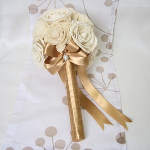Wedding Bouquet, Sola flowers, Bridal Bouquet, Bridesmaid bouquet, Sola Flowers Ivory colors, gold ribbon, Handmade Natural Wedding Bouquet image 4