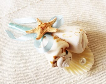 May include: A seashell bouquet with a blue ribbon and a starfish. The bouquet is made of two seashells and a single scallop shell.