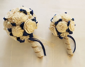 Sola di nozze Bouquet, mazzo di fiori, Bouquet da sposa, damigella d'onore, Sola fiori avorio / blu, Bouquet da sposa naturale fatto a mano