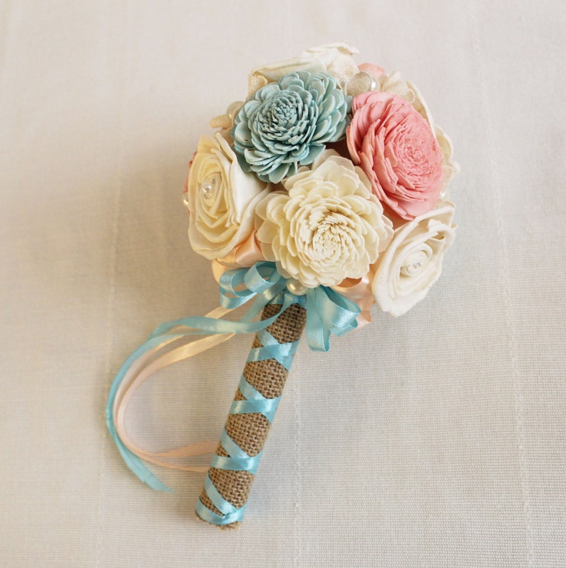 Bridal Bouquet Sola Flowers Ivory coral green colors Wedding Bouquet Bridesmaid bouquet Sola flowers Handmade Natural Wedding Bouquet