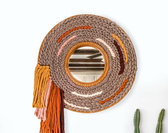 Hand Woven Rattan Mirror - Custom Listing -  Boho Wall Hanging Mirror Handcrafted Tapestry