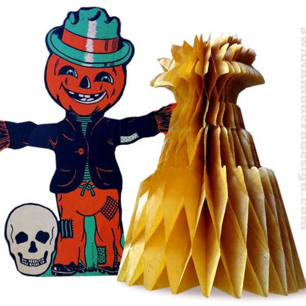 Midcentury Halloween Scarecrow, Skull & Corn Shock Centerpiece
