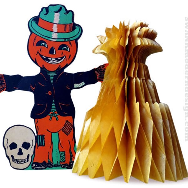 Espantapájaros de Halloween de mediados de siglo, calavera y centro de mesa de choque de maíz