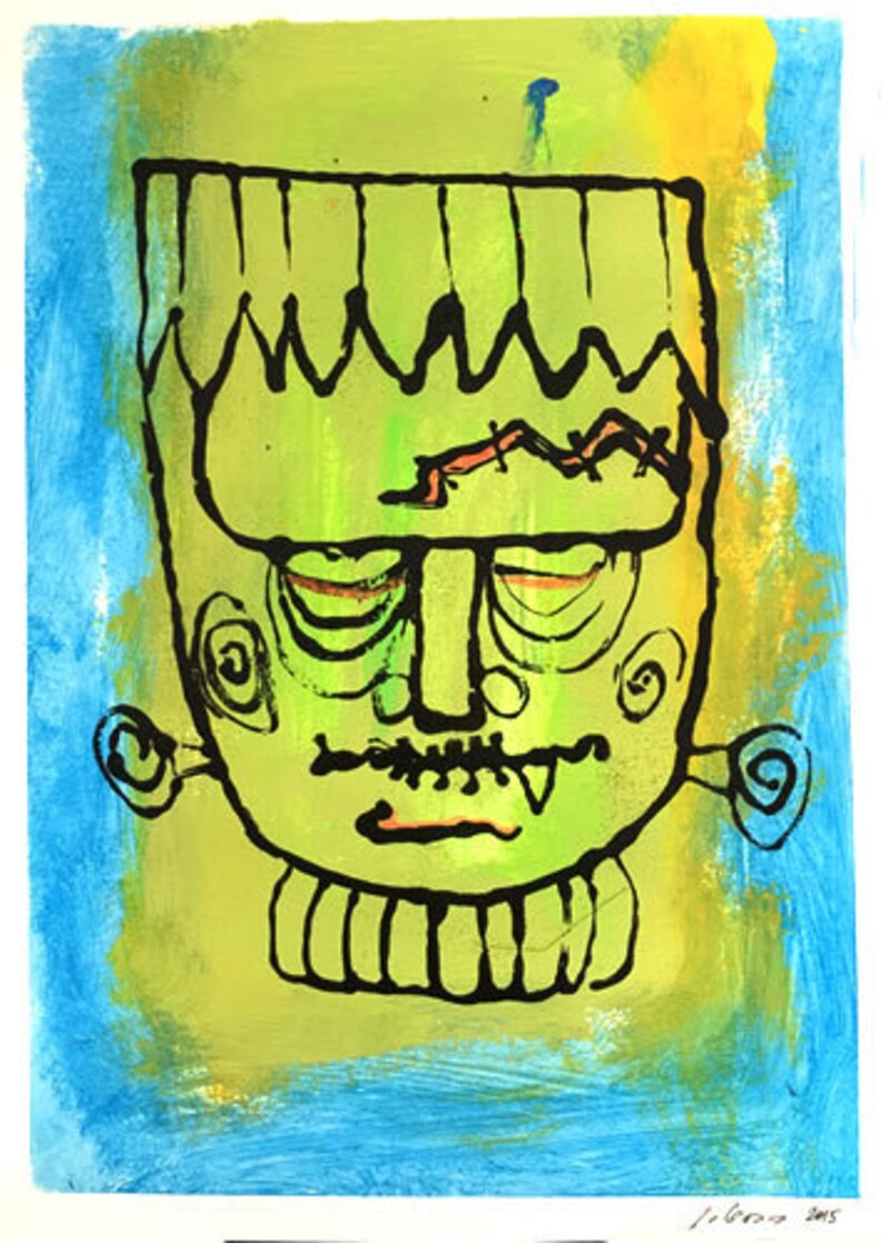 Halloween Frankenstein Monotype Print Art OOAK One of a Kind Signed