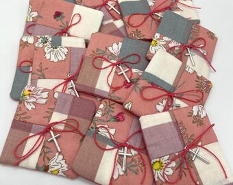 Pocket Prayer Quilt, Floral Fabric, Metal Cross Charm