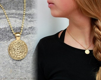 Ethnic coin, short gold ball chain, replica "Phaistos Disc"