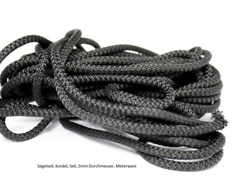 Segelseil 5mm Durchmesser, schwarz,  1m lang, für die Herstellung von maritimen Armbändern und Ketten, Kordel, Strick, Seil