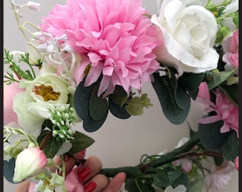 Pink and Cream Flower Wreath Flower Crown Statement Headpiece Wedding Hair Festival Ref;H1